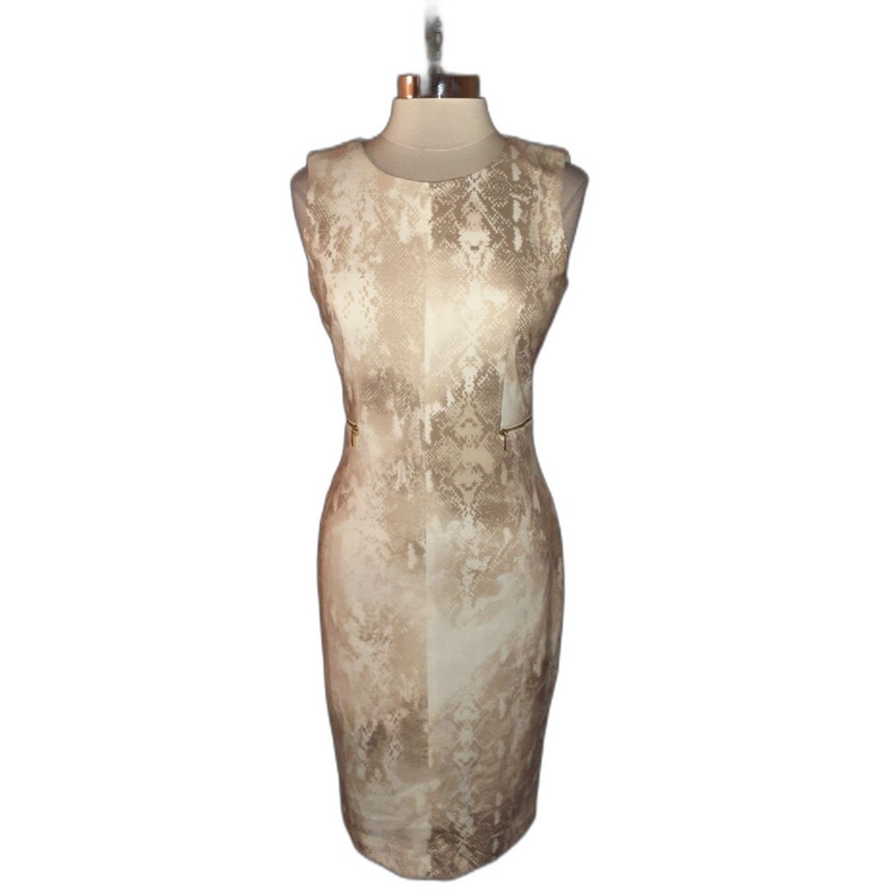 CALVIN KLEIN Sz 10 Sheath Dress Beige Ivory Animal Print Sleeveless Stretch Knit